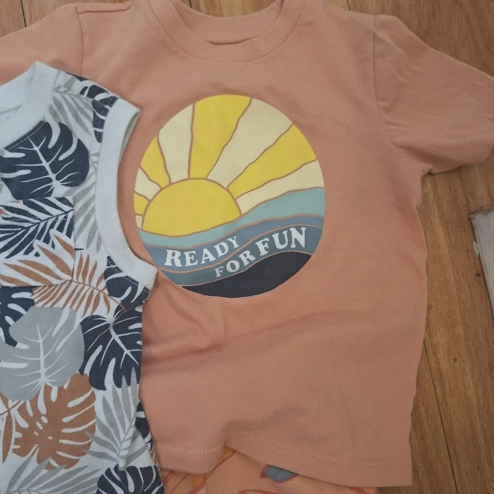 Kids' Summer Outfit Set - Dinosaur, Leaf, and Surfboard Prints